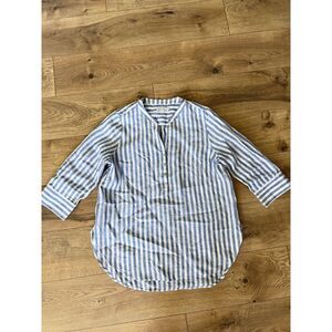 CHICOS 10 Womens 100% Linen Button Up Shirt Blue Striped 3/4 Sleeve Coastal